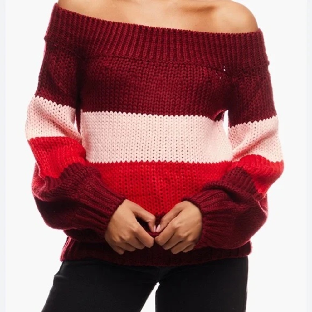 Forever 21 Off-the-Shoulder Striped Sweater - Red and Pink